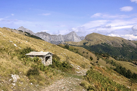 la Maestà della Foce del Pallone con le Panie sullo sfondo ed il Monte Croce a destra.